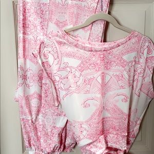 Pretty Pink and white two-piece pant set